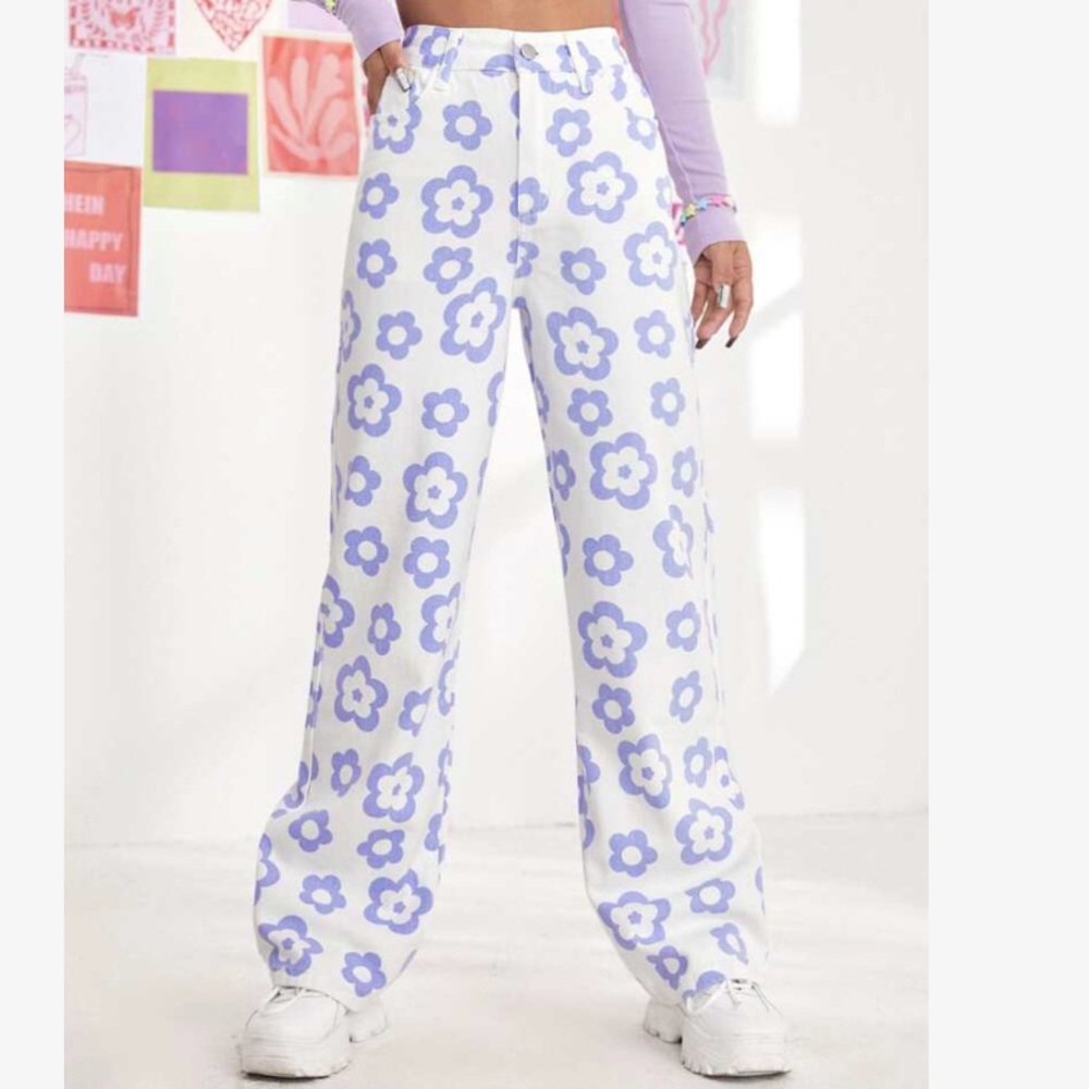 High Waist Allover Floral Print Straight Leg Jeans